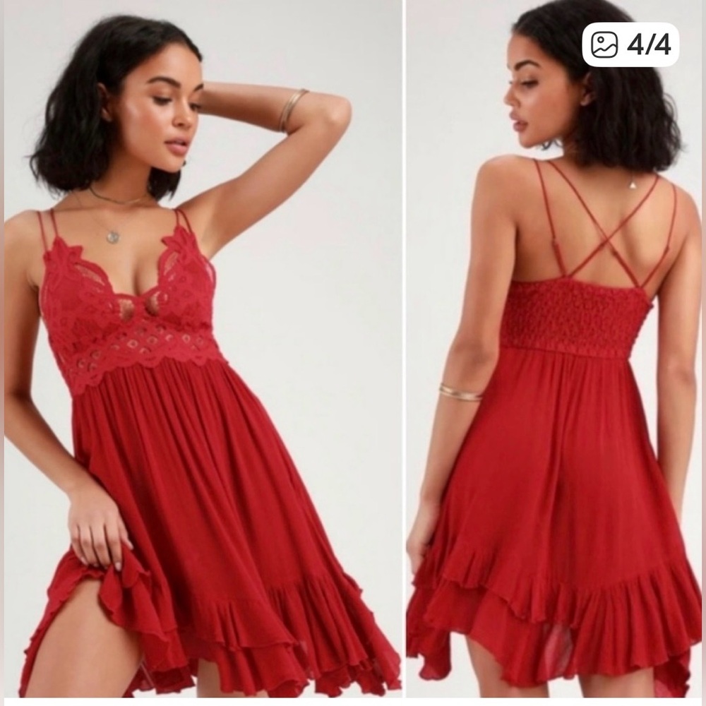 Free People Adella Red Lace Dress Boho SZ XL Beach Peasant Red Lace-Trim Swing - Picture 4 of 12